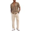 COOFANDY Men’s 2 Piece Outfit Casual Short Sleeve Button Down Shirt Beach Summer Loose Pant Sets(Brown Khaki)