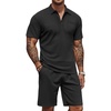 COOFANDY Men’s 2 Pieces Outfits Waffle Knit Polo Shirt and Shorts Set | Short Set, Matching Set, Clothing Sets, Casual, Athletic Jogging Summer Tracksuit with Pockets, Vacation, Outfits(Black)