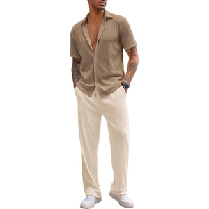 COOFANDY Men’s 2 Piece Outfit Casual Short Sleeve Button Down Shirt Beach Summer Loose Pant Sets(Brown Khaki)