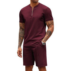 COOFANDY Men’s 2 Piece Set Short Sleeve Polo Shirt and Shorts Summer Suits | Short Sleeve 1/4 Zip Polo Top, Drawstring Shorts, Pockets, Sportwear, Casual, Fashion, Vacation, Beach, Travel, Streetwear(Date Red)