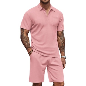 COOFANDY Men’s 2 Pieces Outfits Waffle Knit Polo Shirt and Shorts Set | Short Set, Matching Set, Clothing Sets, Casual, Athletic Jogging Summer Tracksuit with Pockets, Vacation, Outfits(Pale Pink)