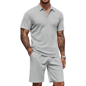 COOFANDY Men’s 2 Pieces Outfits Waffle Knit Polo Shirt and Shorts Set | Short Set, Matching Set, Clothing Sets, Casual, Athletic Jogging Summer Tracksuit with Pockets, Vacation, Outfits(Light Grey)