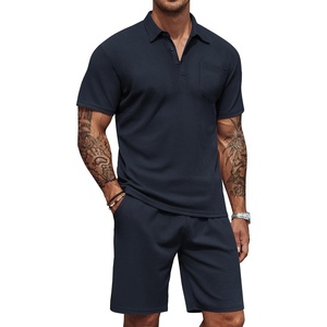COOFANDY Men’s 2 Pieces Outfits Waffle Knit Polo Shirt and Shorts Set | Short Set, Matching Set, Clothing Sets, Casual, Athletic Jogging Summer Tracksuit with Pockets, Vacation, Outfits(Navy Blue)