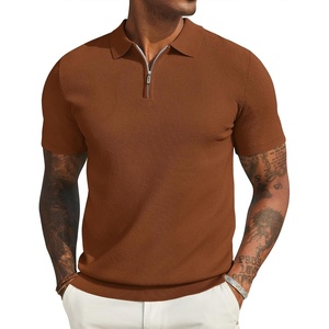 COOFANDY Mens Textured Knit Polo Shirts Zipper Polo Shirts Short Sleeve Casual Lightweight Golf Shirt(Light Brown)