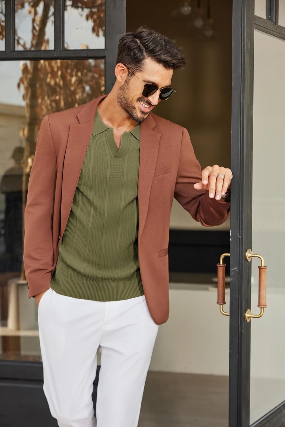 image:imageCOOFANDY Mens Knit Long Sleeve Polo Shirt Sweater VNeck Textured Pullover Polo Collared Sweater Casual Shirt Soft Textured Knit Golf Polo Sweater With VNeck Collar Ribbed Cuffs Fall WinterArmy Green