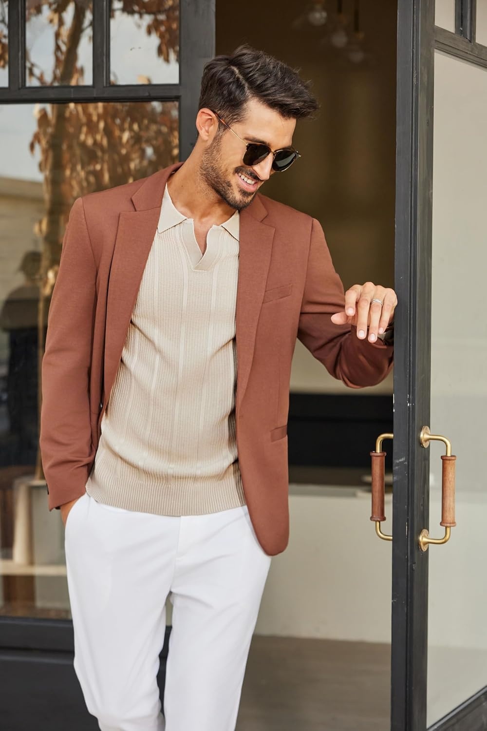 image:imageCOOFANDY Mens Knit Long Sleeve Polo Shirt Sweater VNeck Textured Pullover Polo Collared Sweater Casual Shirt Soft Textured Knit Golf Polo Sweater With VNeck Collar Ribbed Cuffs Fall WinterLight Khaki