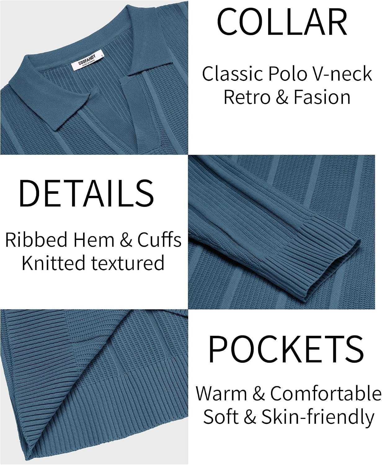 image:imageCOOFANDY Mens Knit Long Sleeve Polo Shirt Sweater VNeck Textured Pullover Polo Collared Sweater Casual Shirt Soft Textured Knit Golf Polo Sweater With VNeck Collar Ribbed Cuffs Fall WinterDark Blue
