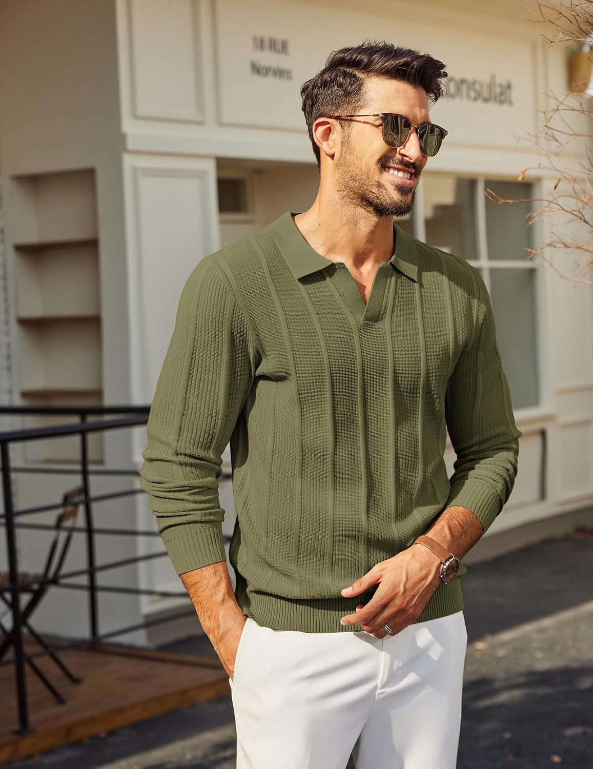 image:imageCOOFANDY Mens Knit Long Sleeve Polo Shirt Sweater VNeck Textured Pullover Polo Collared Sweater Casual Shirt Soft Textured Knit Golf Polo Sweater With VNeck Collar Ribbed Cuffs Fall WinterArmy Green