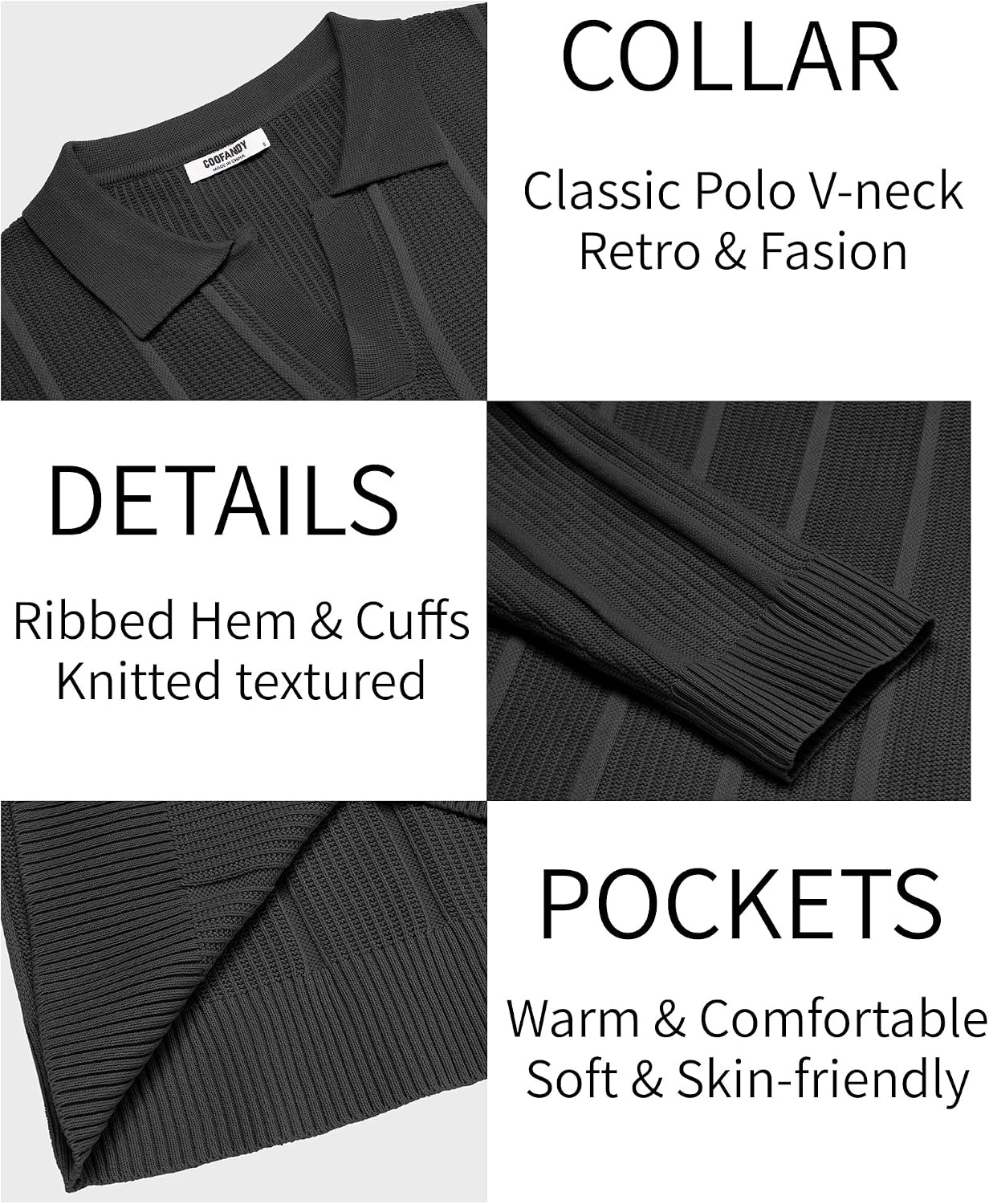 image:imageCOOFANDY Mens Knit Long Sleeve Polo Shirt Sweater VNeck Textured Pullover Polo Collared Sweater Casual Shirt Soft Textured Knit Golf Polo Sweater With VNeck Collar Ribbed Cuffs Fall WinterBlack