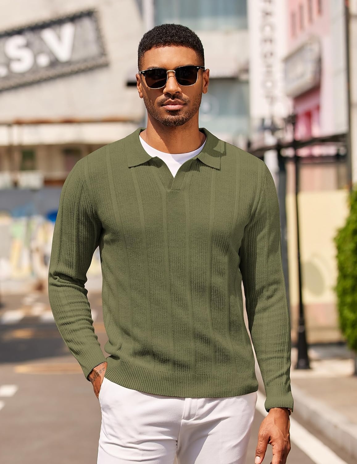 image:imageCOOFANDY Mens Knit Long Sleeve Polo Shirt Sweater VNeck Textured Pullover Polo Collared Sweater Casual Shirt Soft Textured Knit Golf Polo Sweater With VNeck Collar Ribbed Cuffs Fall WinterArmy Green