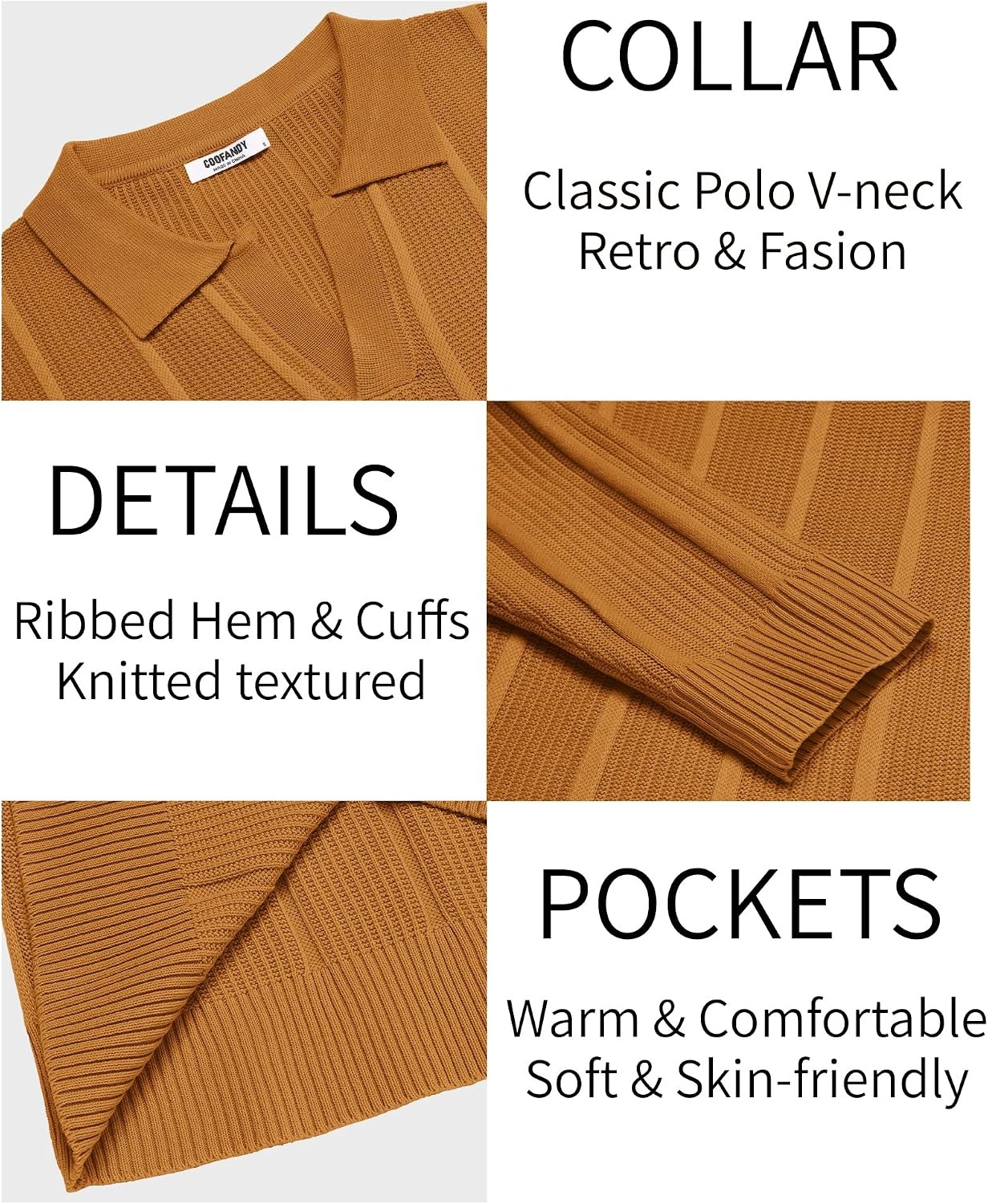 image:imageCOOFANDY Mens Knit Long Sleeve Polo Shirt Sweater VNeck Textured Pullover Polo Collared Sweater Casual Shirt Soft Textured Knit Golf Polo Sweater With VNeck Collar Ribbed Cuffs Fall WinterYellow