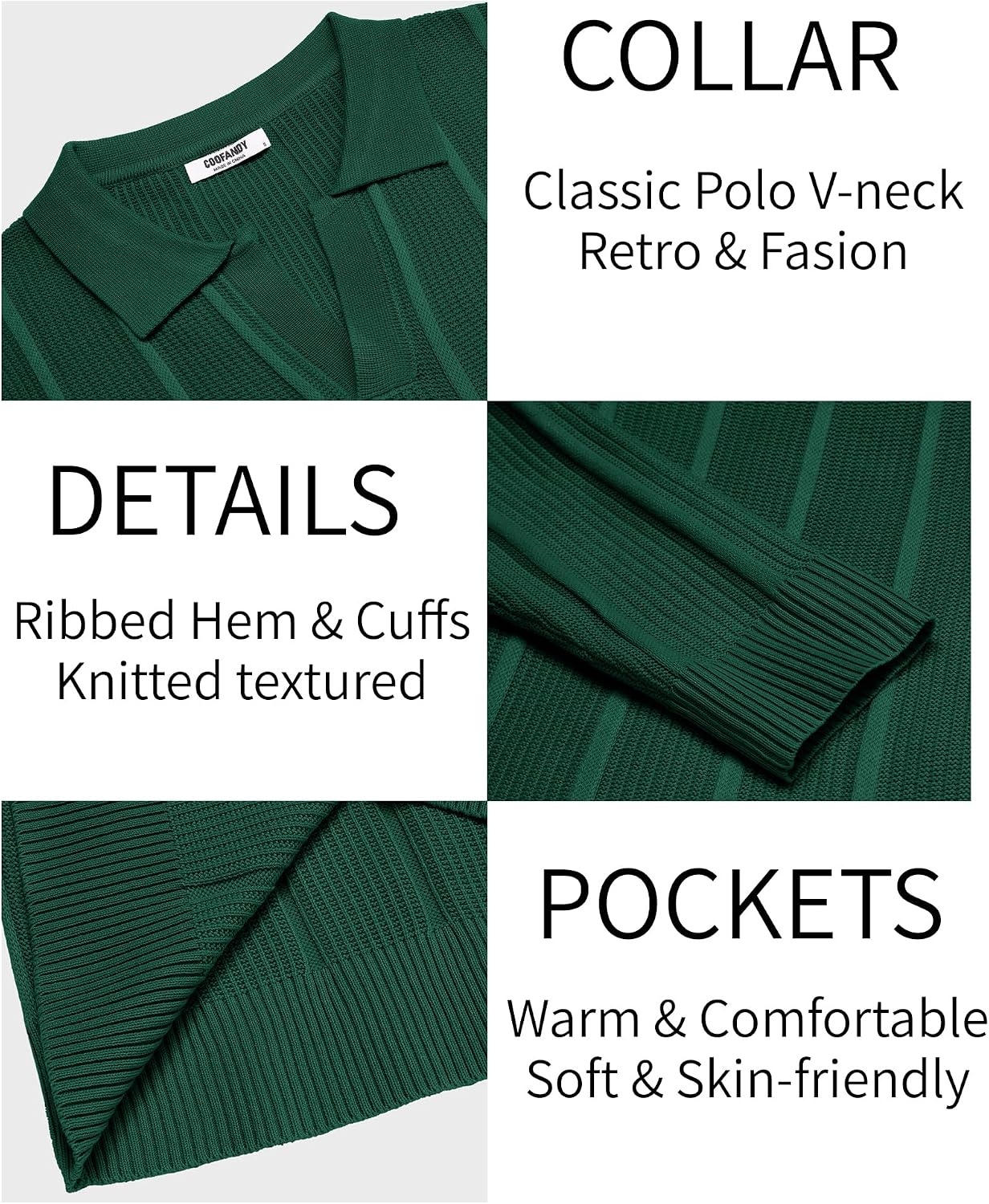 image:imageCOOFANDY Mens Knit Long Sleeve Polo Shirt Sweater VNeck Textured Pullover Polo Collared Sweater Casual Shirt Soft Textured Knit Golf Polo Sweater With VNeck Collar Ribbed Cuffs Fall WinterEvergreen