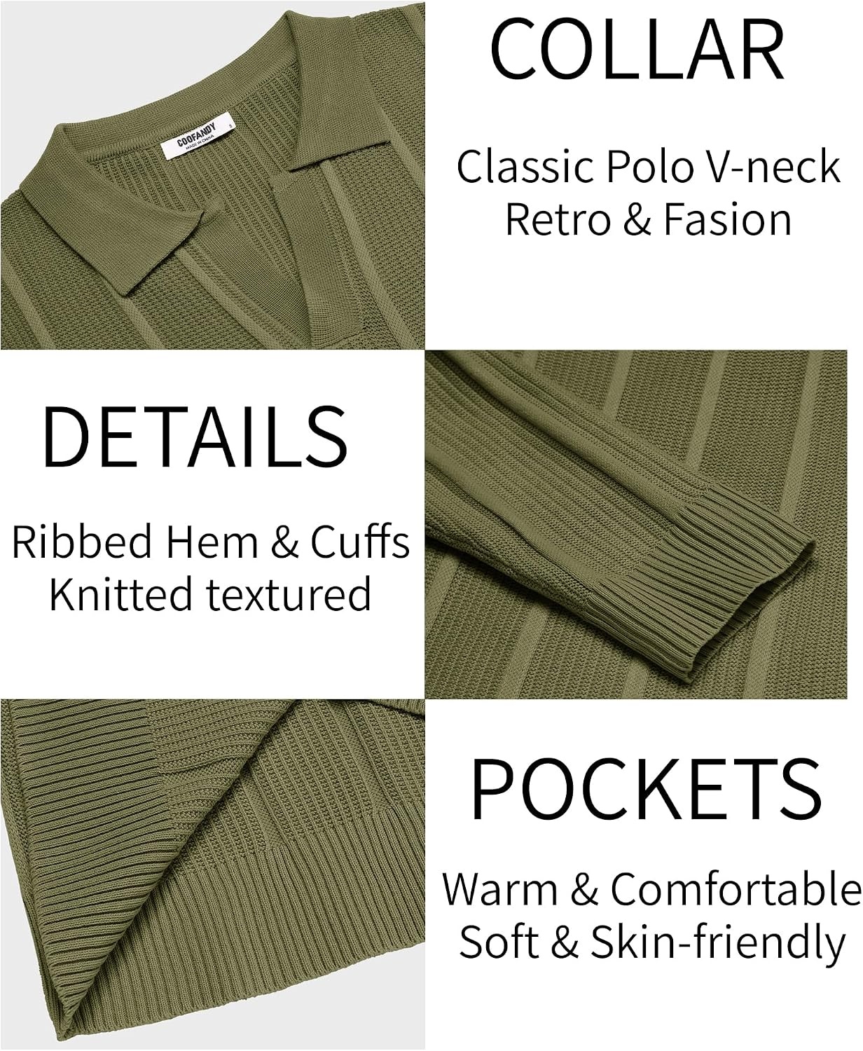 image:imageCOOFANDY Mens Knit Long Sleeve Polo Shirt Sweater VNeck Textured Pullover Polo Collared Sweater Casual Shirt Soft Textured Knit Golf Polo Sweater With VNeck Collar Ribbed Cuffs Fall WinterArmy Green