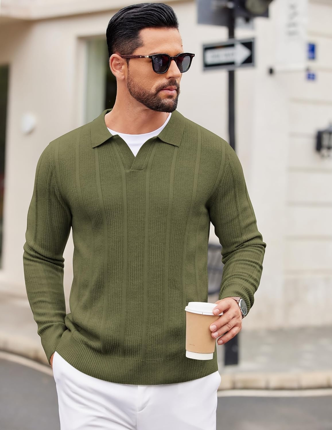 image:imageCOOFANDY Mens Knit Long Sleeve Polo Shirt Sweater VNeck Textured Pullover Polo Collared Sweater Casual Shirt Soft Textured Knit Golf Polo Sweater With VNeck Collar Ribbed Cuffs Fall WinterArmy Green
