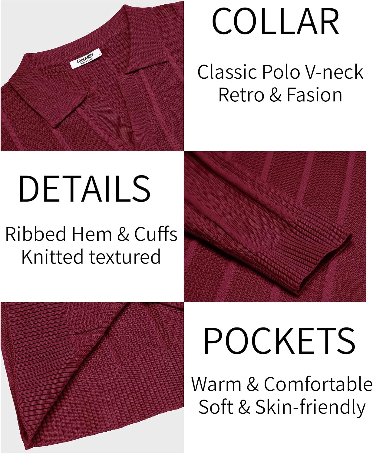 image:imageCOOFANDY Mens Knit Long Sleeve Polo Shirt Sweater VNeck Textured Pullover Polo Collared Sweater Casual Shirt Soft Textured Knit Golf Polo Sweater With VNeck Collar Ribbed Cuffs Fall WinterWine Red