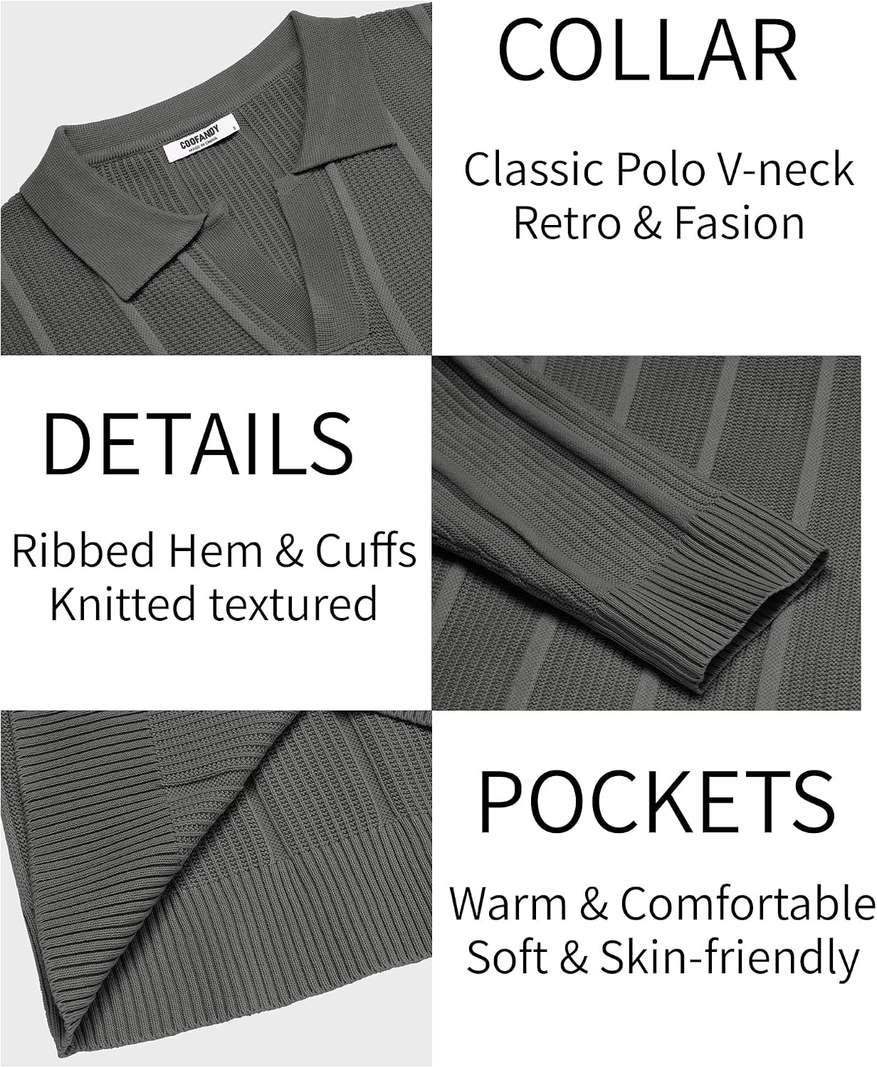 image:imageCOOFANDY Mens Knit Long Sleeve Polo Shirt Sweater VNeck Textured Pullover Polo Collared Sweater Casual Shirt Soft Textured Knit Golf Polo Sweater With VNeck Collar Ribbed Cuffs Fall WinterDark Grey