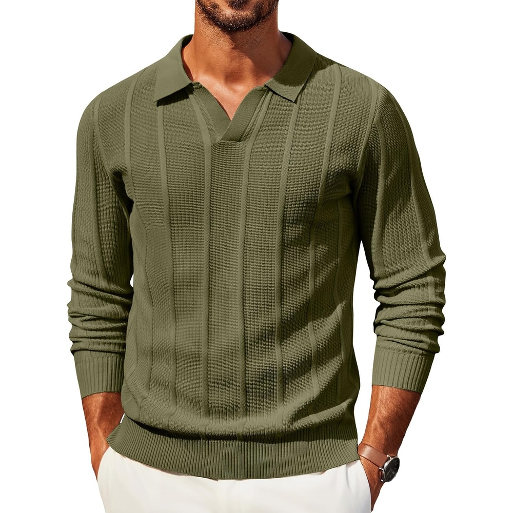 image:imageCOOFANDY Mens Knit Long Sleeve Polo Shirt Sweater VNeck Textured Pullover Polo Collared Sweater Casual Shirt Soft Textured Knit Golf Polo Sweater With VNeck Collar Ribbed Cuffs Fall WinterArmy Green