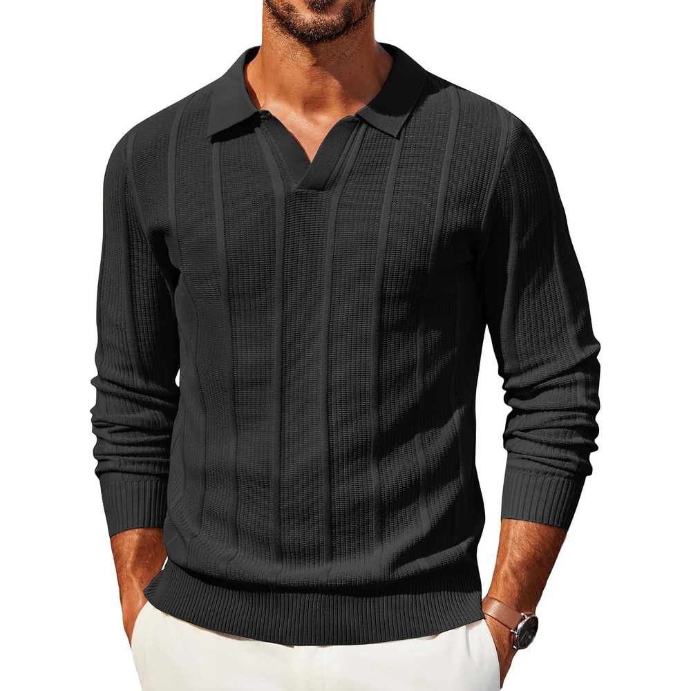 image:imageCOOFANDY Mens Knit Long Sleeve Polo Shirt Sweater VNeck Textured Pullover Polo Collared Sweater Casual Shirt Soft Textured Knit Golf Polo Sweater With VNeck Collar Ribbed Cuffs Fall WinterBlack