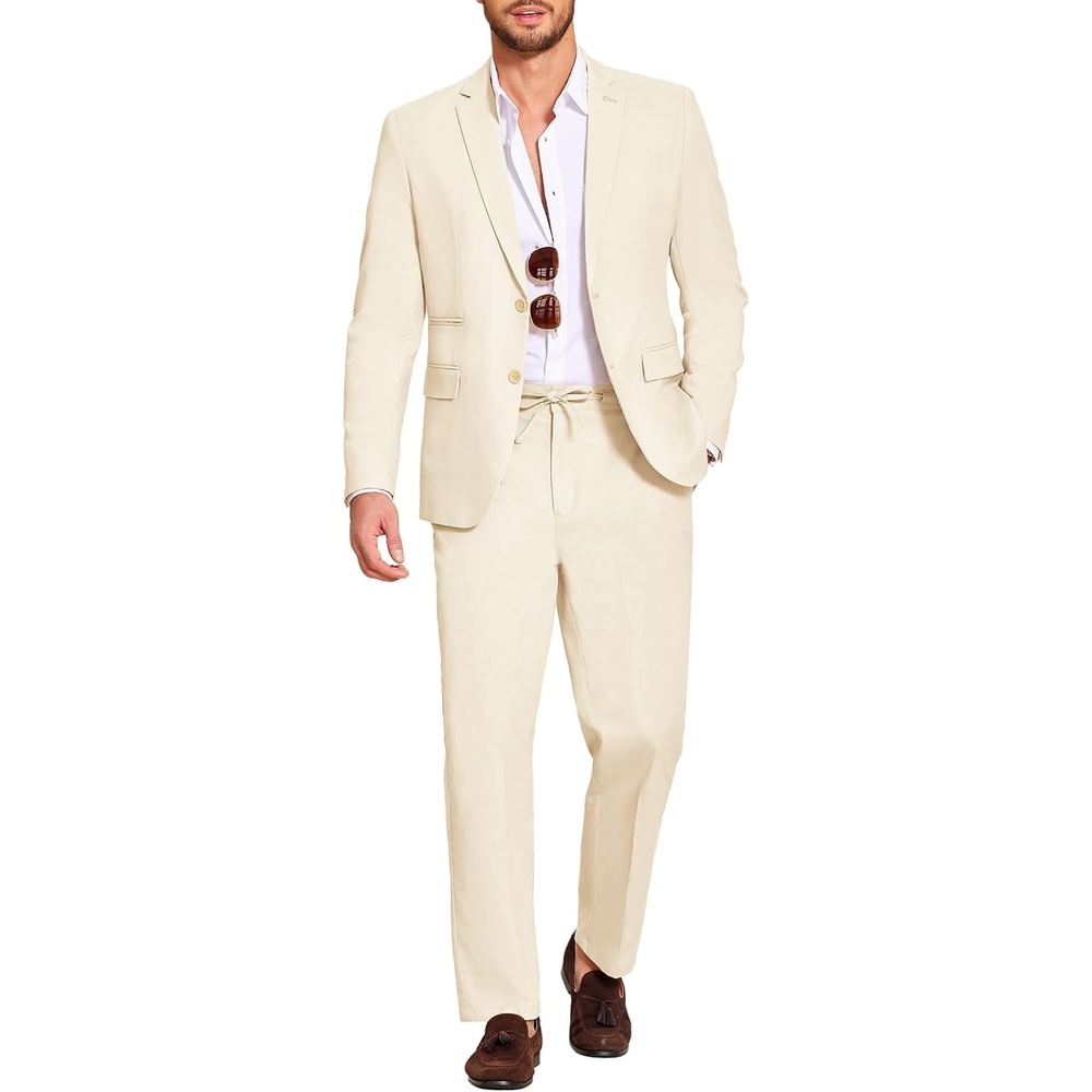 image:imageCOOFANDY Mens 2 Piece Linen Suits Set Casual Lightweight Linen Suit Blazer Jacket and PantsCream