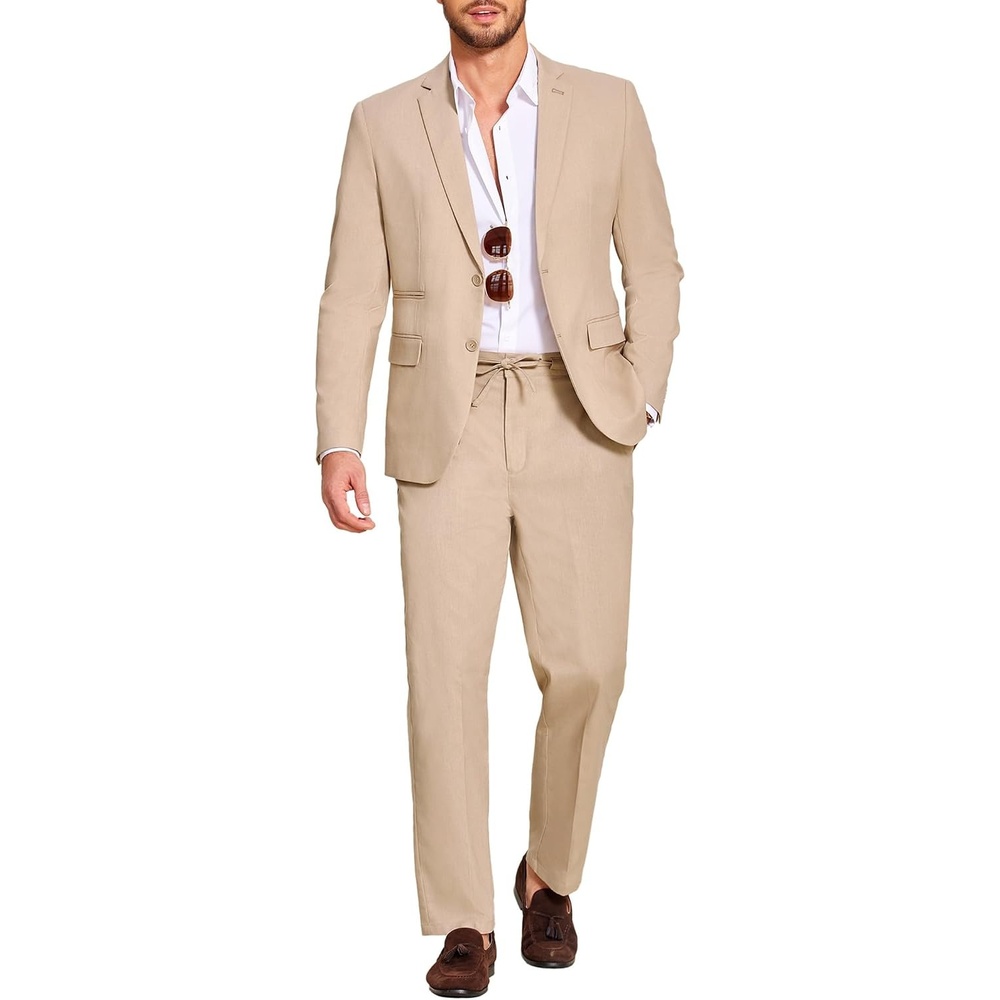 image:imageCOOFANDY Mens 2 Piece Linen Suits Set Casual Lightweight Linen Suit Blazer Jacket and PantsKhaki