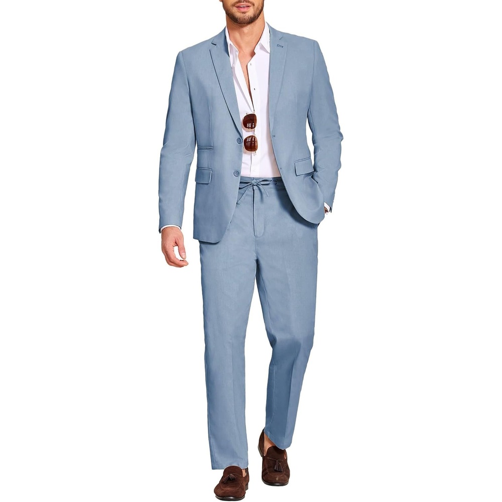 image:imageCOOFANDY Mens 2 Piece Linen Suits Set Casual Lightweight Linen Suit Blazer Jacket and PantsLight Blue