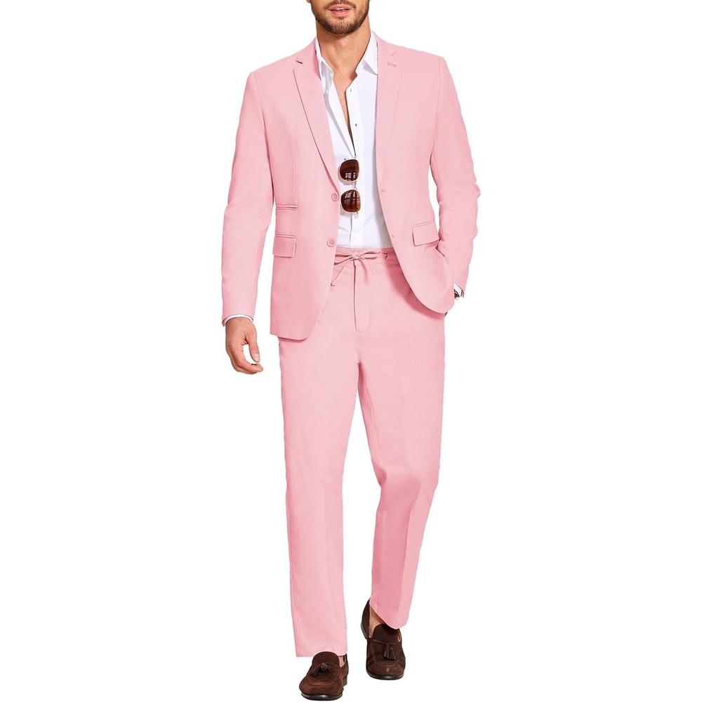 image:imageCOOFANDY Mens 2 Piece Linen Suits Set Casual Lightweight Linen Suit Blazer Jacket and PantsPink