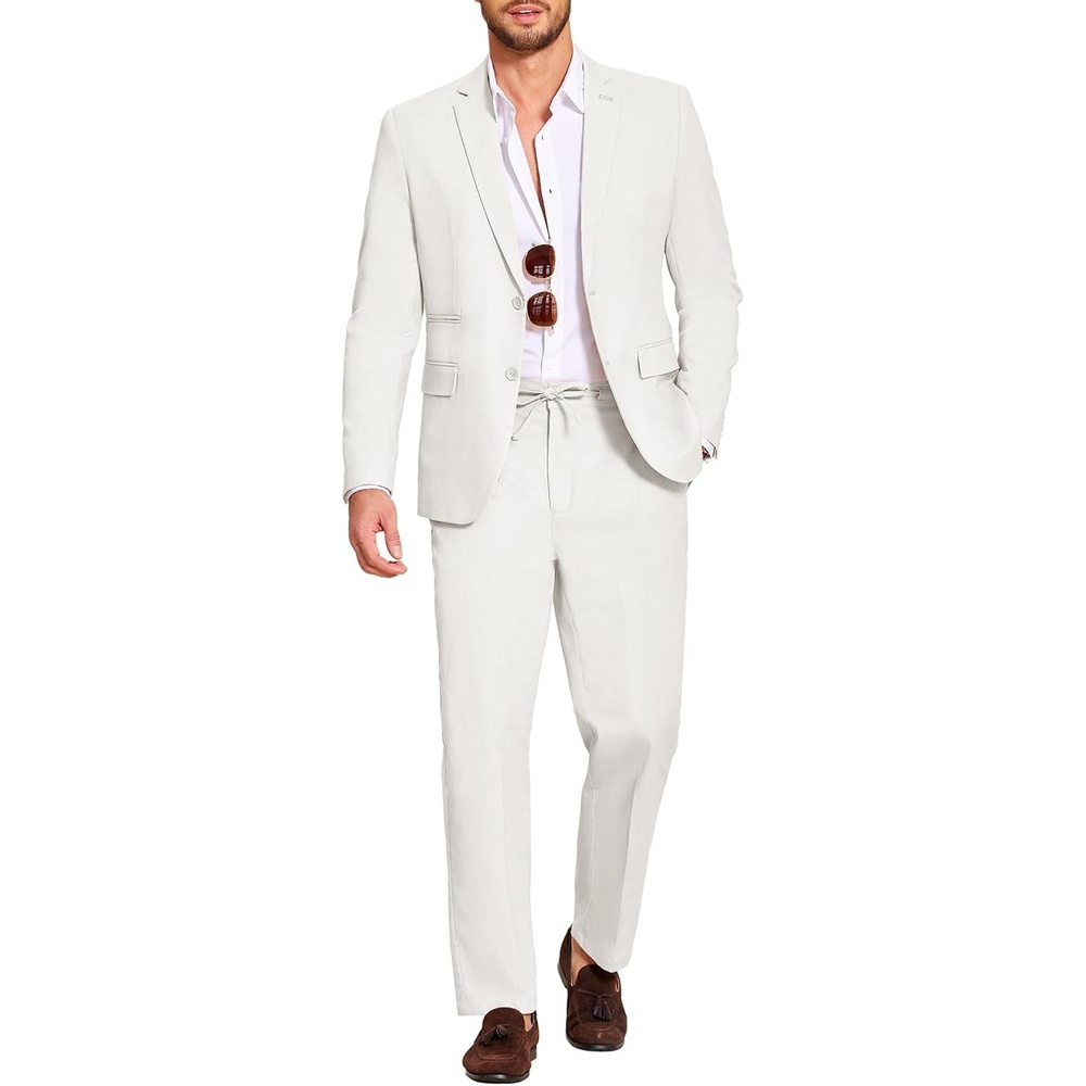 image:imageCOOFANDY Mens 2 Piece Linen Suits Set Casual Lightweight Linen Suit Blazer Jacket and PantsWhite