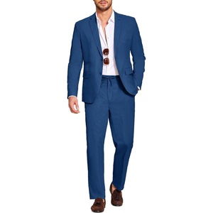COOFANDY Men’s 2 Piece Linen Suits Set Casual Lightweight Linen Suit Blazer Jacket and Pants(Deep Blue)