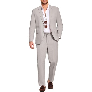 COOFANDY Men’s 2 Piece Linen Suits Set Casual Lightweight Linen Suit Blazer Jacket and Pants(Light Grey)