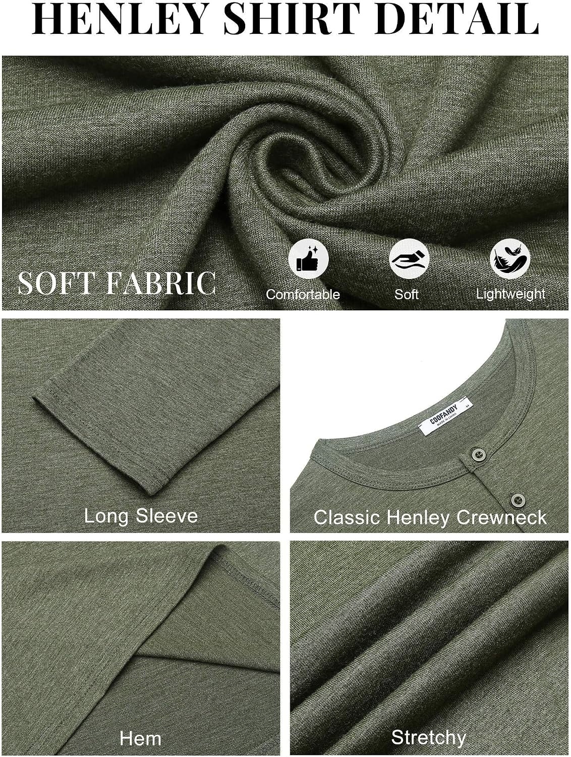 image:imageCOOFANDY Mens Henley Shirt Long Sleeve Casual Stretch Solid TShirts Fashion Pullover Lightweight Fall TopsArmy Green