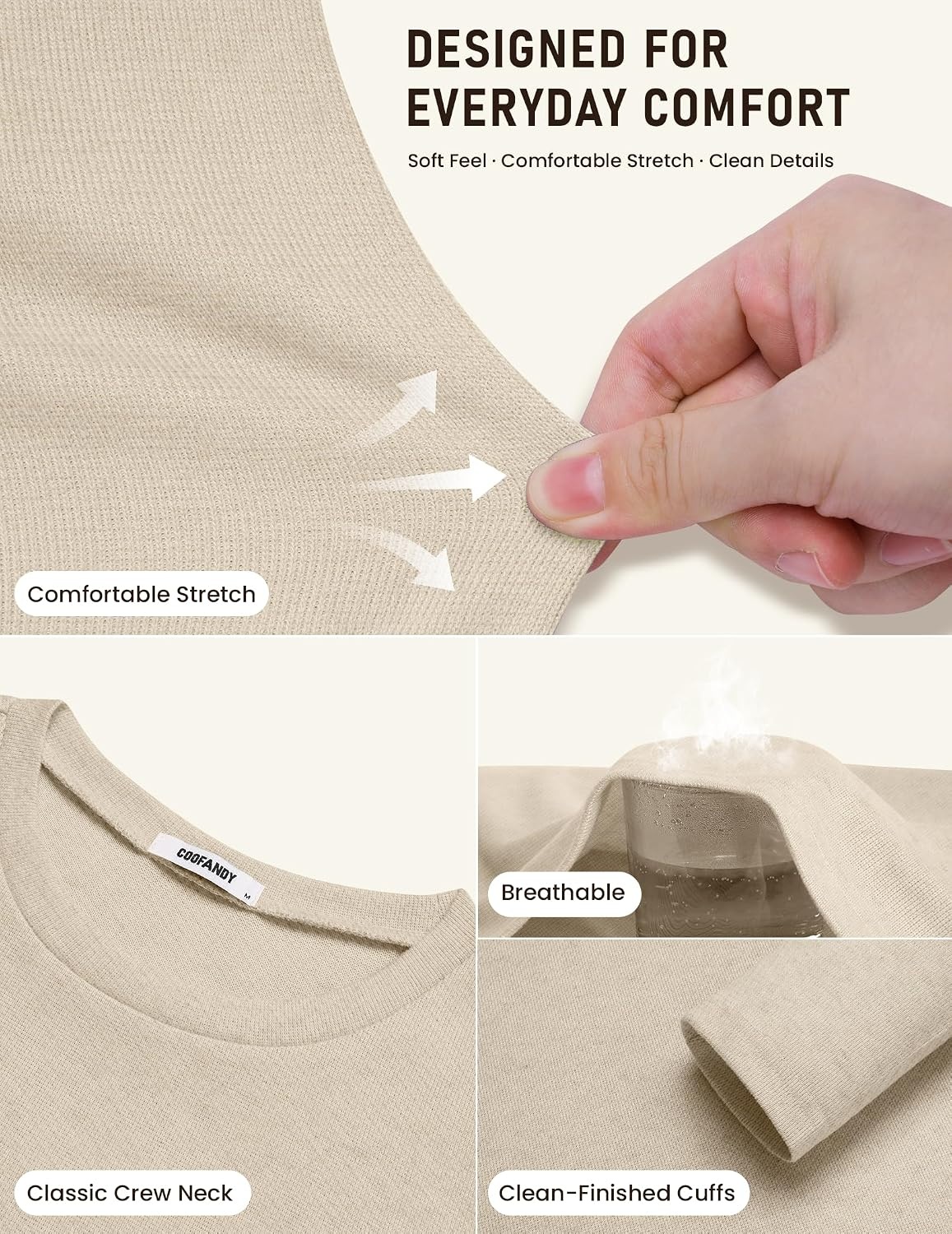 image:imageCOOFANDY Mens Long Sleeve Tee Shirts Crew Neck T Shirts Casual Basic Tees Soft Stretch TShirts Pullover Shirts Fashion Office Sports Parties Streetwear Festivals Dating Outdoor ActivitiesAlight Khaki