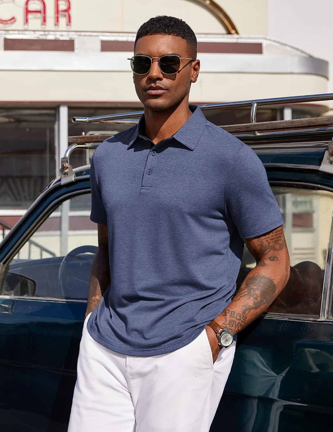 image:imageCOOFANDY Mens Polo Shirts Short Sleeve Casual Summer Polo Tee Collared Tops Button CollarSoft FabricCasual StylishClassic BasicLightweightSummerFashionGolfNavy Bluenew