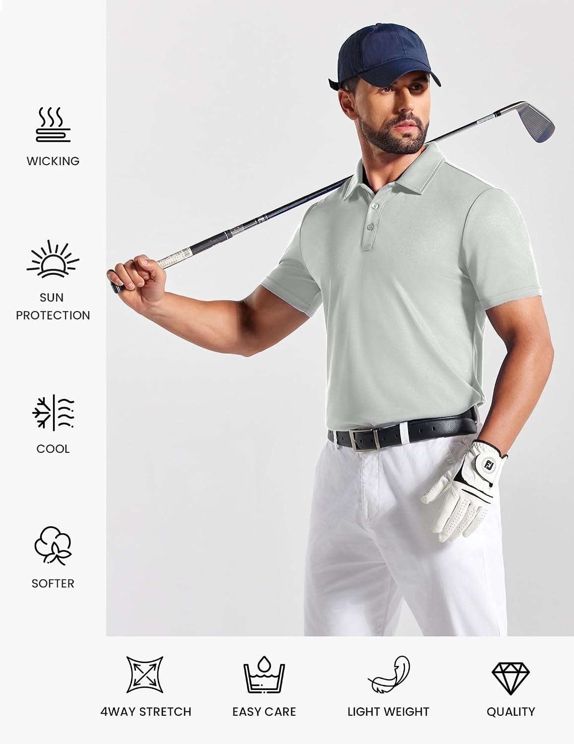 image:imageCOOFANDY Mens Polo Shirts Short Sleeve Golf Shirt Casual Collared TShirts Performance moisture wicking quick dry lightweight breathable stretchy wrinkle resistance versatile regular fitLight Grey