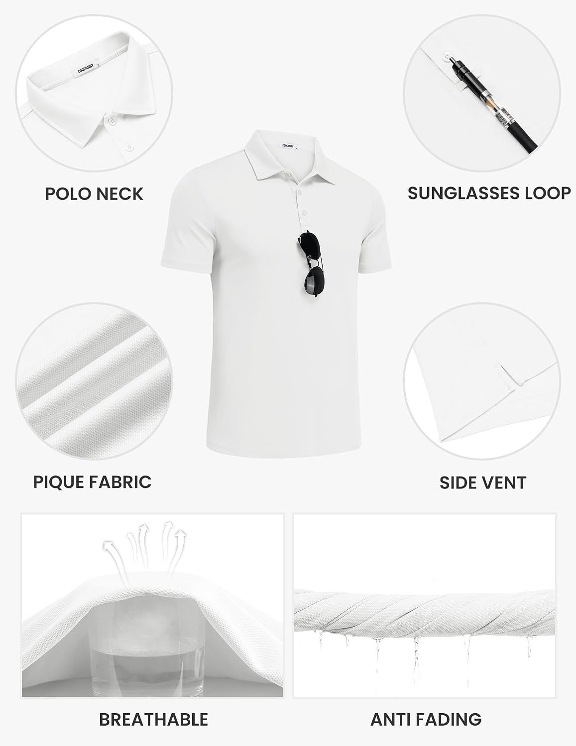 image:imageCOOFANDY Mens Polo Shirts Short Sleeve Golf Shirt Casual Collared TShirts Performance moisture wicking quick dry lightweight breathable stretchy wrinkle resistance versatile regular fitWhite
