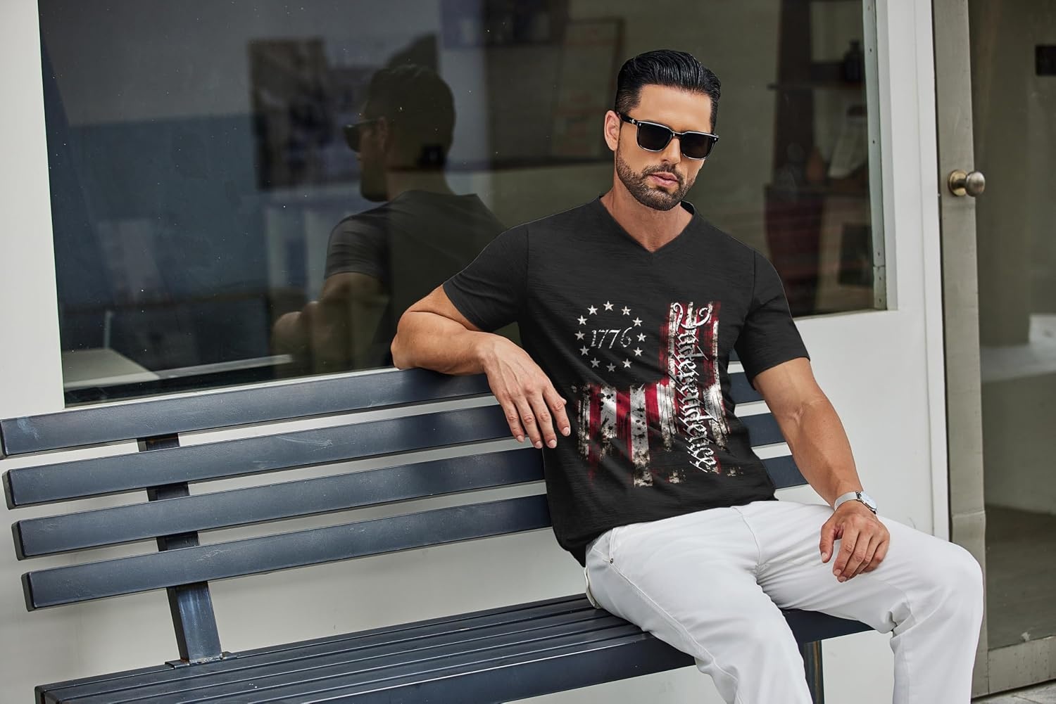 image:imageCOOFANDY Mens T Shirts Short Sleeve Classic V Neck Casual Summer Basic Tee Textured Classic Plain Shirts Soft Lightweight Breathable T Shirt Daily Use Office Going Out Top for MenYblack Independence Flag