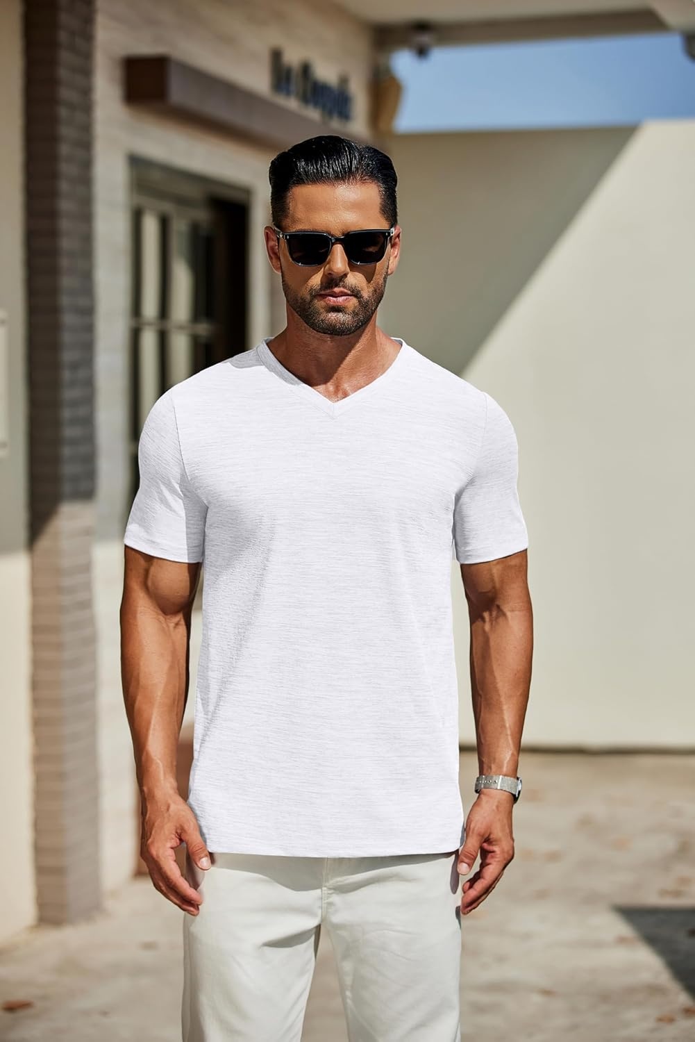 image:imageCOOFANDY Mens T Shirts Short Sleeve Classic V Neck Casual Summer Basic Tee Textured Classic Plain Shirts Soft Lightweight Breathable T Shirt Daily Use Office Going Out Top for MenAwhite