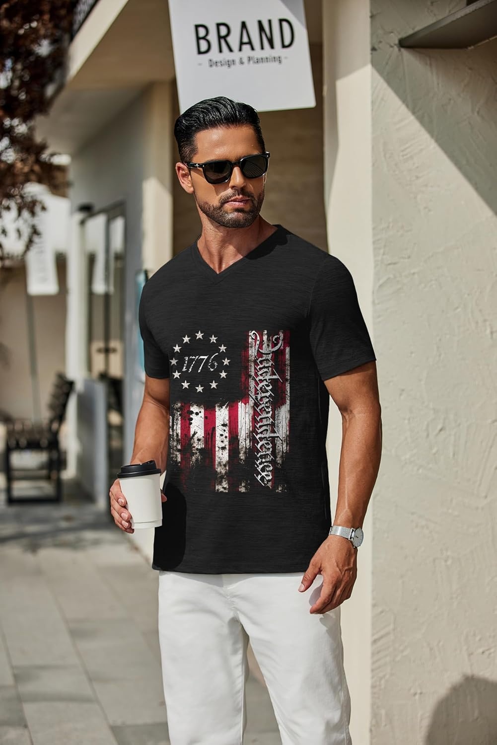 image:imageCOOFANDY Mens T Shirts Short Sleeve Classic V Neck Casual Summer Basic Tee Textured Classic Plain Shirts Soft Lightweight Breathable T Shirt Daily Use Office Going Out Top for MenYblack Independence Flag
