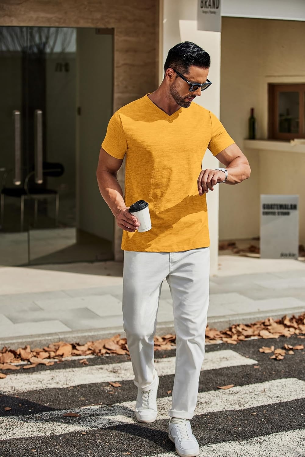 image:imageCOOFANDY Mens T Shirts Short Sleeve Classic V Neck Casual Summer Basic Tee Textured Classic Plain Shirts Soft Lightweight Breathable T Shirt Daily Use Office Going Out Top for MenYellow