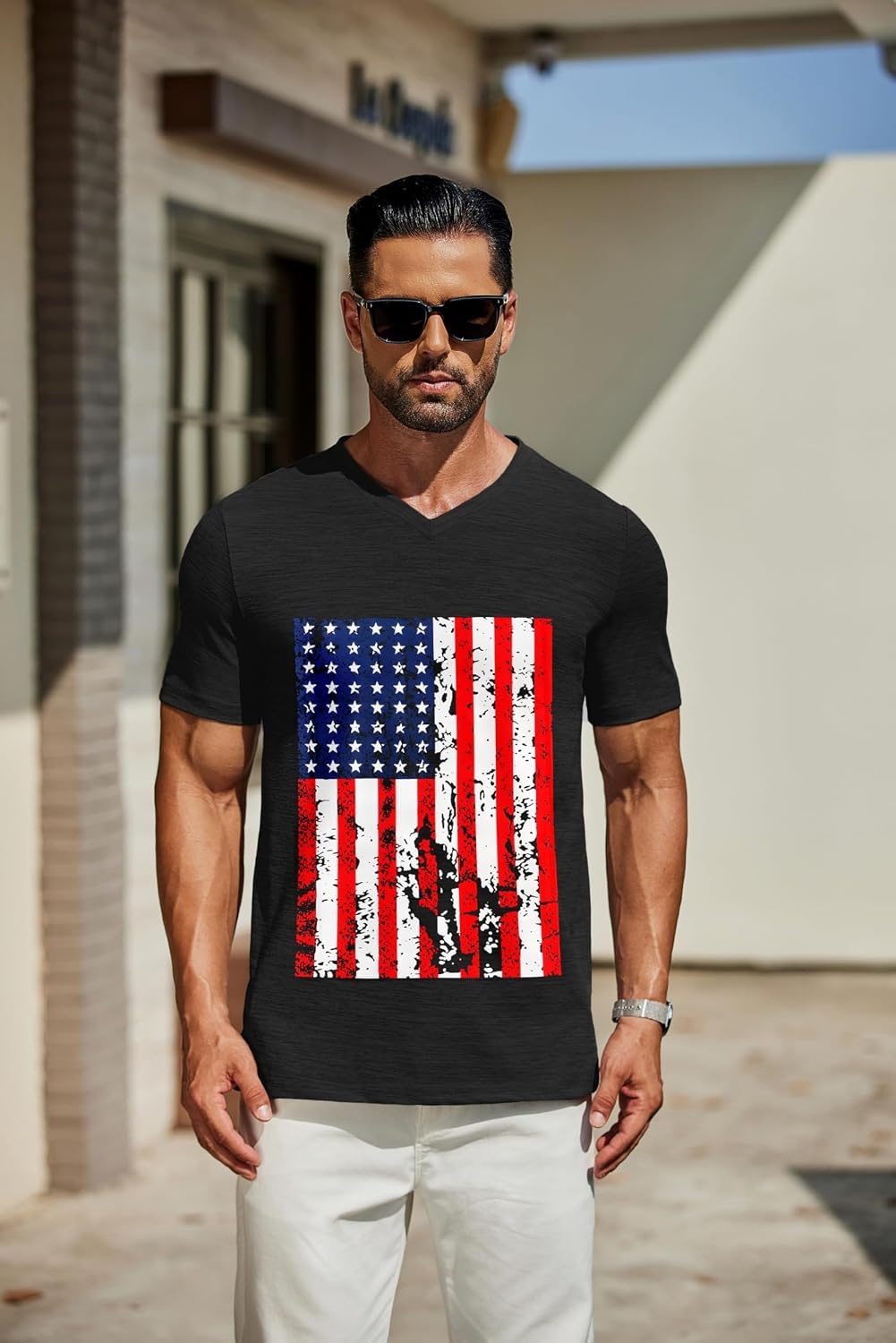 image:imageCOOFANDY Mens T Shirts Short Sleeve Classic V Neck Casual Summer Basic Tee Textured Classic Plain Shirts Soft Lightweight Breathable T Shirt Daily Use Office Going Out Top for MenYblack American Flag