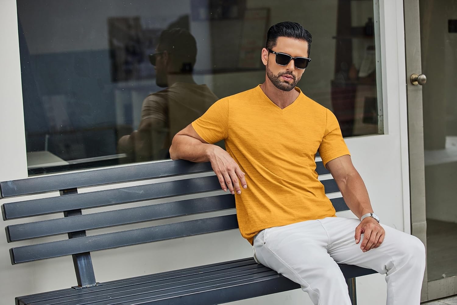 image:imageCOOFANDY Mens T Shirts Short Sleeve Classic V Neck Casual Summer Basic Tee Textured Classic Plain Shirts Soft Lightweight Breathable T Shirt Daily Use Office Going Out Top for MenYellow