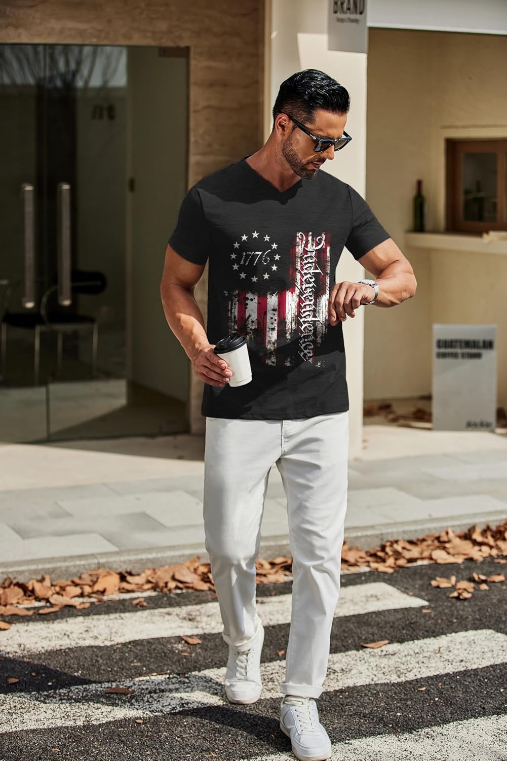 image:imageCOOFANDY Mens T Shirts Short Sleeve Classic V Neck Casual Summer Basic Tee Textured Classic Plain Shirts Soft Lightweight Breathable T Shirt Daily Use Office Going Out Top for MenYblack Independence Flag