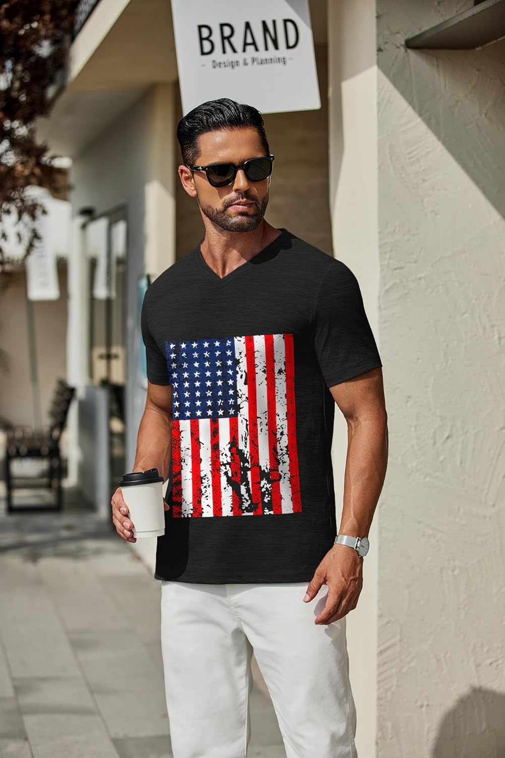 image:imageCOOFANDY Mens T Shirts Short Sleeve Classic V Neck Casual Summer Basic Tee Textured Classic Plain Shirts Soft Lightweight Breathable T Shirt Daily Use Office Going Out Top for MenYblack American Flag