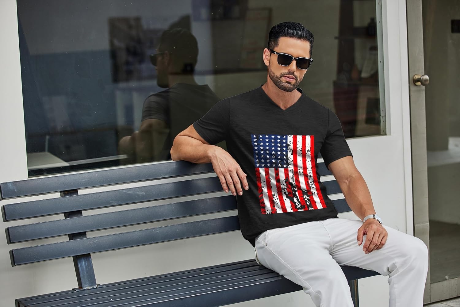 image:imageCOOFANDY Mens T Shirts Short Sleeve Classic V Neck Casual Summer Basic Tee Textured Classic Plain Shirts Soft Lightweight Breathable T Shirt Daily Use Office Going Out Top for MenYblack American Flag