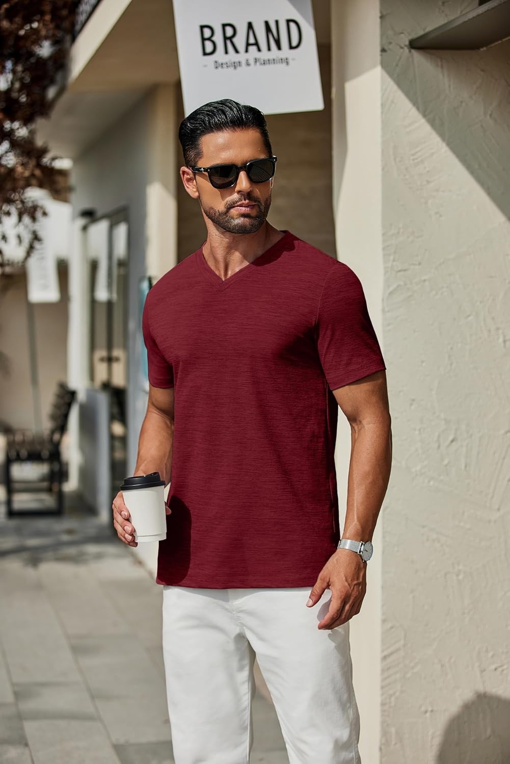 image:imageCOOFANDY Mens T Shirts Short Sleeve Classic V Neck Casual Summer Basic Tee Textured Classic Plain Shirts Soft Lightweight Breathable T Shirt Daily Use Office Going Out Top for MenWine Red