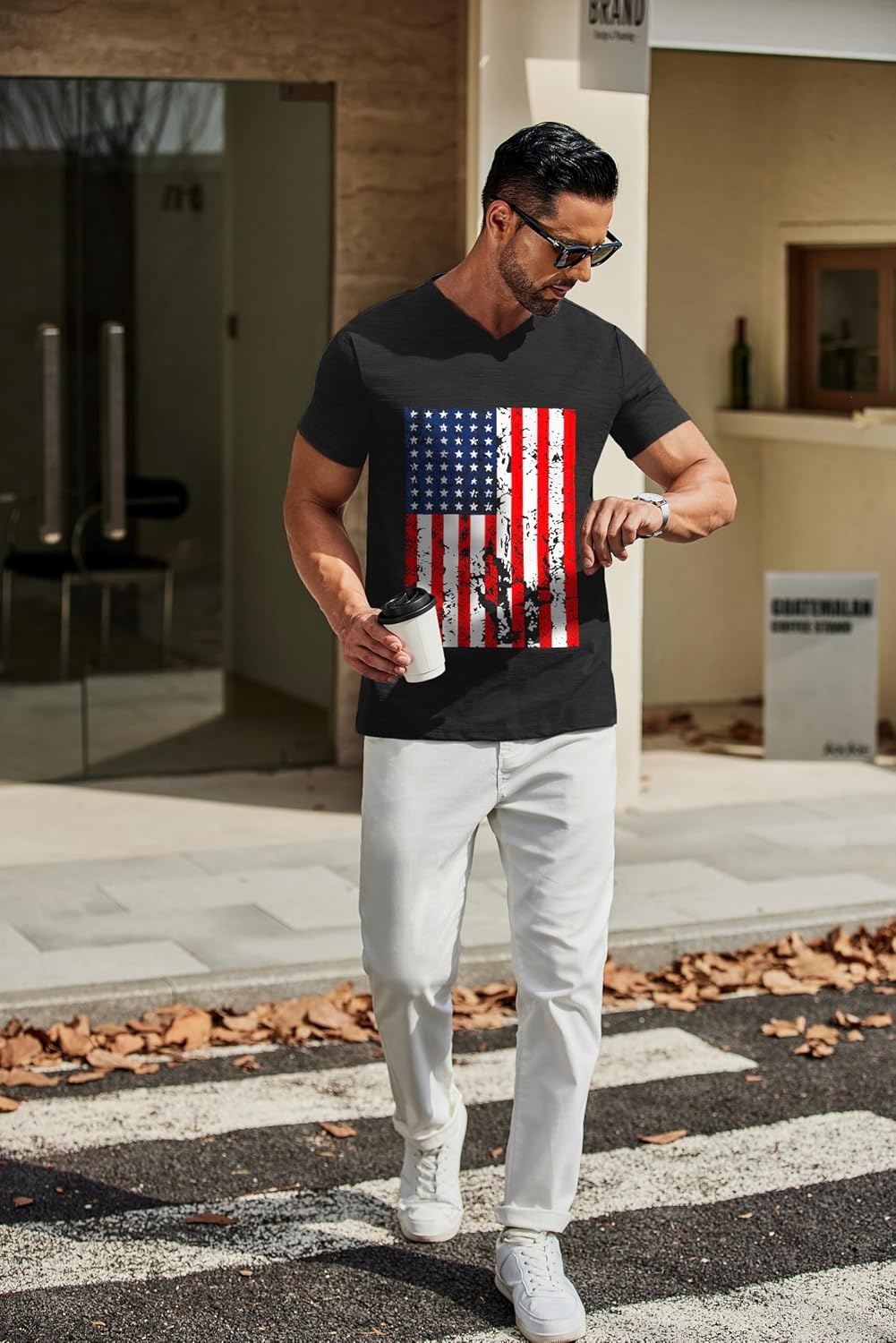 image:imageCOOFANDY Mens T Shirts Short Sleeve Classic V Neck Casual Summer Basic Tee Textured Classic Plain Shirts Soft Lightweight Breathable T Shirt Daily Use Office Going Out Top for MenYblack American Flag