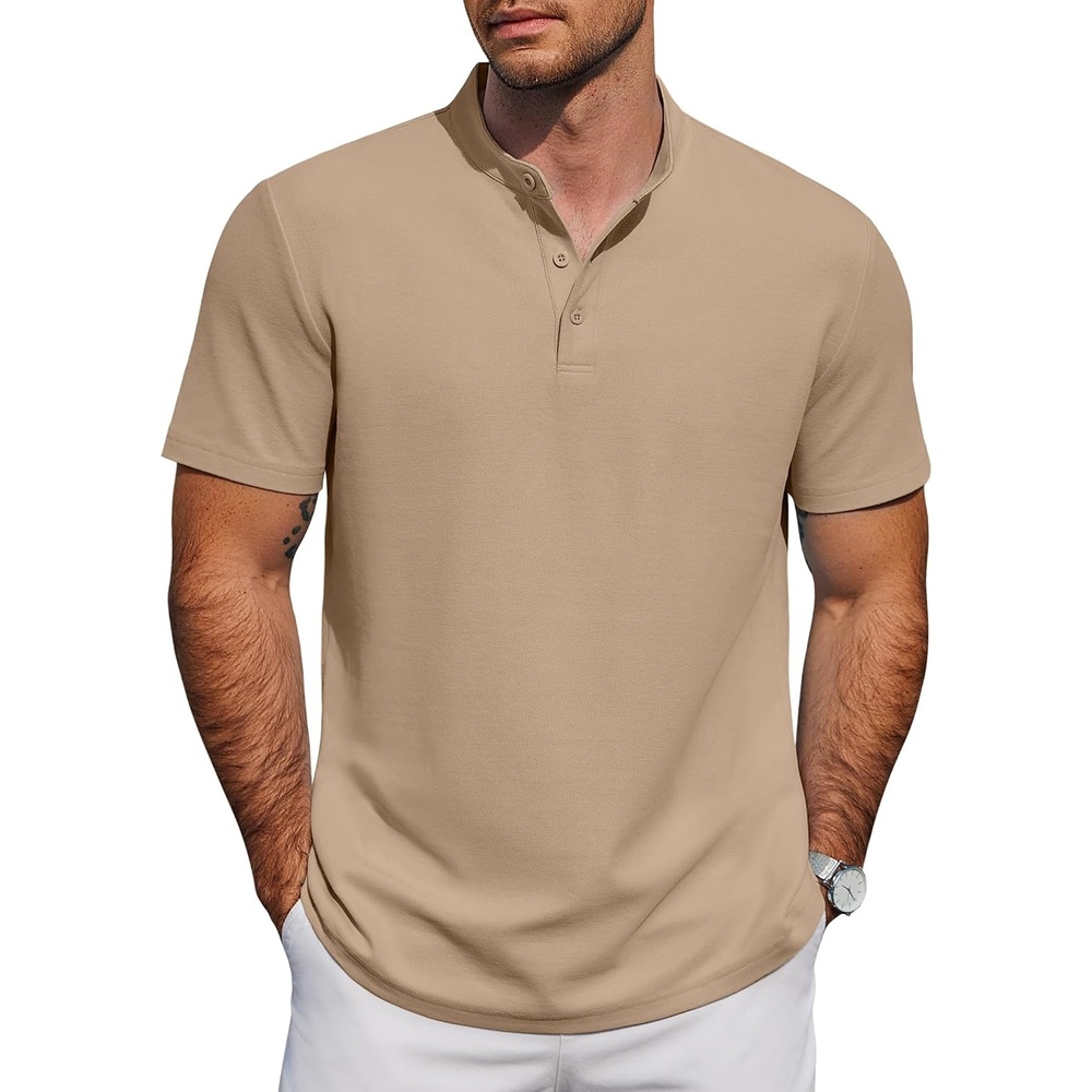 image:imageCOOFANDY Mens Casual Henley Shirt Short Sleeve Cotton Band Collar Shirt  Breathable cotton pique fabric band collar 3button placket pairs with jeans or shorts for casual amp beach wearKhaki