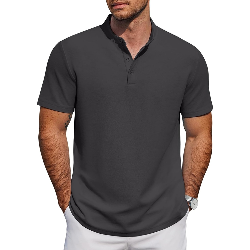 image:imageCOOFANDY Mens Casual Henley Shirt Short Sleeve Cotton Band Collar Shirt  Breathable cotton pique fabric band collar 3button placket pairs with jeans or shorts for casual amp beach wearDark Gray