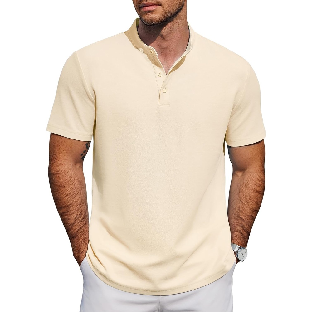 image:imageCOOFANDY Mens Casual Henley Shirt Short Sleeve Cotton Band Collar Shirt  Breathable cotton pique fabric band collar 3button placket pairs with jeans or shorts for casual amp beach wearBeige