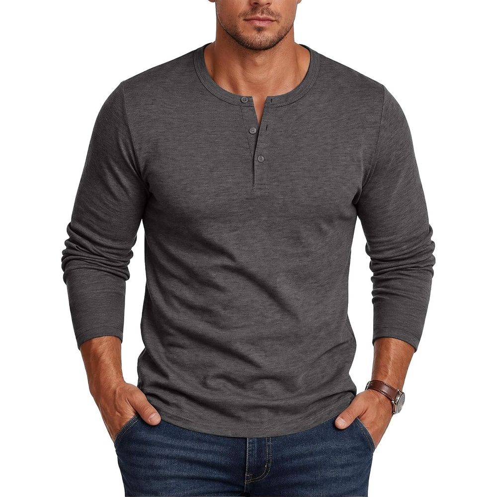 image:imageCOOFANDY Mens Henley Shirt Long Sleeve Casual Stretch Solid TShirts Fashion Pullover Lightweight Fall TopsDark Grey
