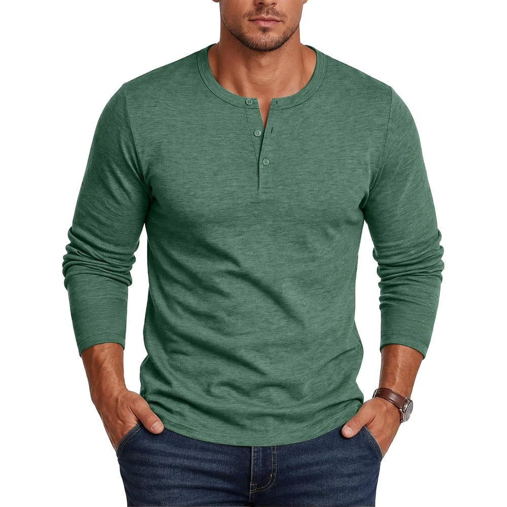 image:imageCOOFANDY Mens Henley Shirt Long Sleeve Casual Stretch Solid TShirts Fashion Pullover Lightweight Fall TopsGreen